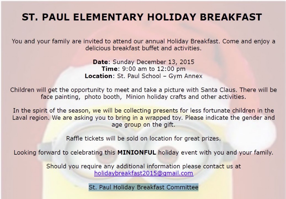 ST. PAUL ELEMENTARY HOLIDAY BREAKFAST | Laval Families Magazine | Laval's Family Life Magazine
